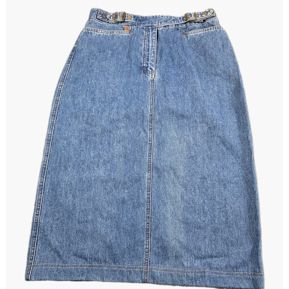 90's Vintage LAUREN RALPH LAUREN 10 P Denim Midi Jean Skirt Buckles Classic Blue